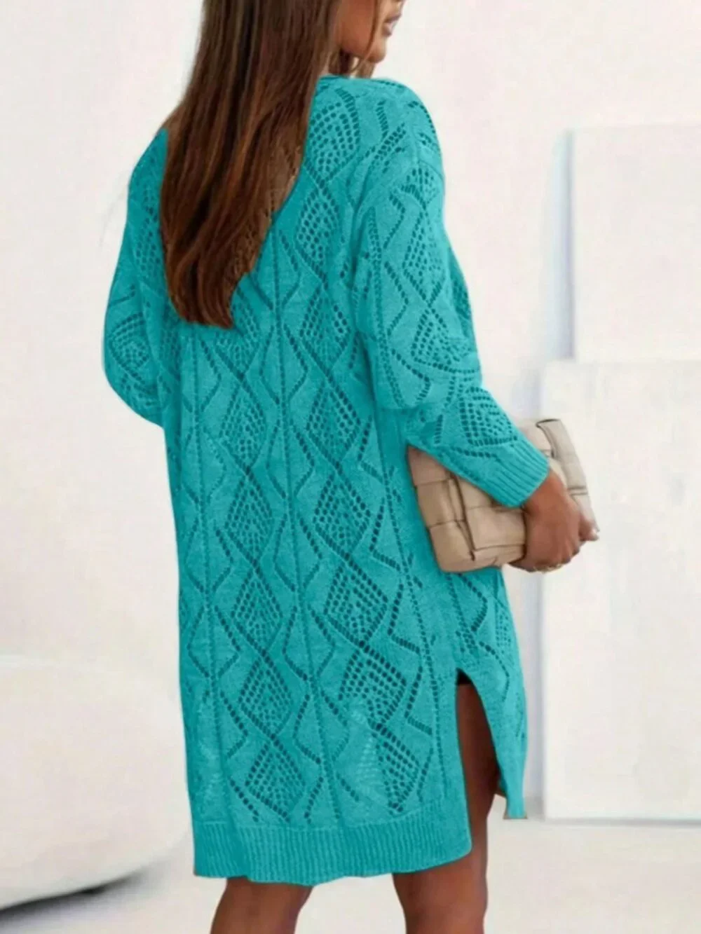 Ice Blue Casual Women's Diamond Hollow Notched Midi Long Cardigan